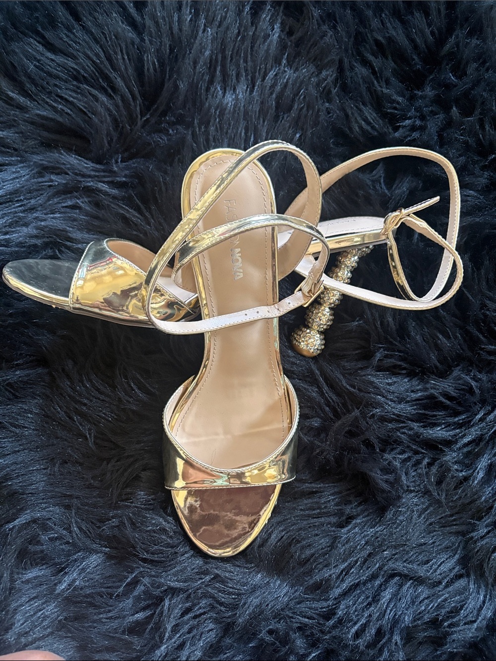 Fashion Nova Metallic Gold Pearl-Embellished Heel Sandals